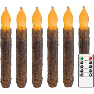 6.5'' Real Wax Primitive Candles Hand Dipped Rustic Flameless Taper Candle with Timer Remote for Vintage Home Kitchen, Country Room, Christmas Halloween Decor