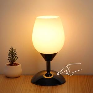 Boncoo Touch Control Table Lamp Dimmable Small Lamp, Ambient Light with Opal Glass Shade Simple Night Light, Modern Accent Lamp Bedside Nightstand Lamp for Bedroom Living Room, E12 Bulb Included (Black)
