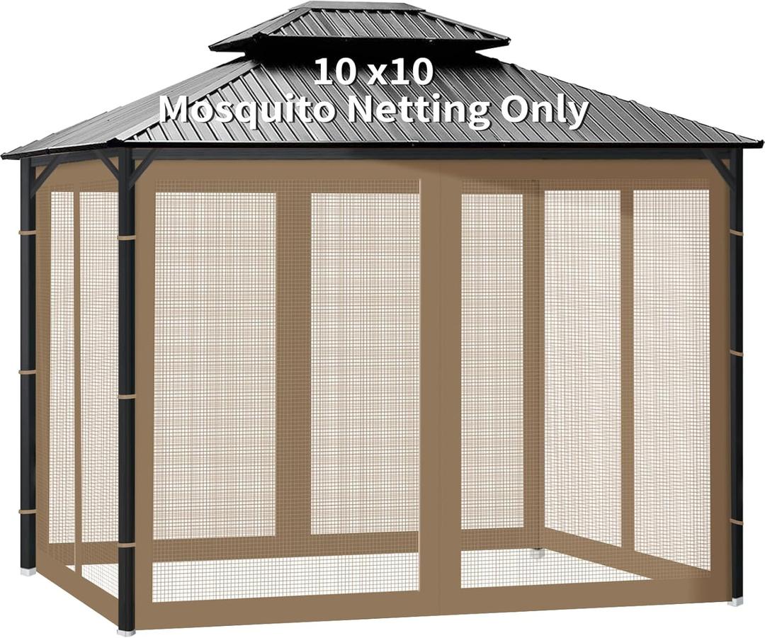 Gazebo Universal Replacement Mosquito Netting, 10' x 10' Outdoor Canopy Net Screen 4-Panel Sidewall Gazebo Curtains, with Zippers, Easy to Install, Fit for Most Gazebos 10x10 CanopyPatio Khaki