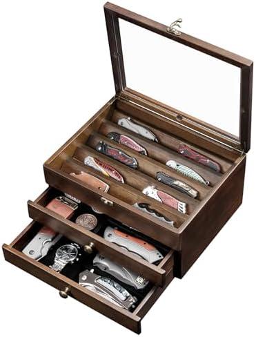 Knife Display Case, Knife Collection Display Holder with Glass Lid, 3-Layer Wooden Pocket Knife Case with Drawers