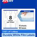 Avery Printable Durable White Lollipop Labels, Sure Feed Technology, 1.5" x 4", Print-to-the-Edge, Waterproof Labels, Laser & Pigment-Based Inkjet Compatible, 80 Total