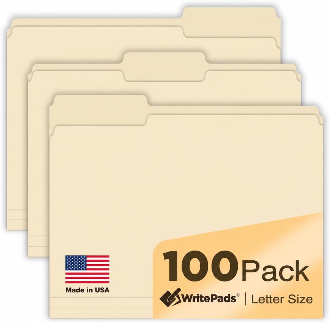 Manila File Folders, 100 Pack, Letter Size, 1/3-Cut Tabs