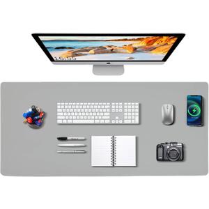 Desk Mat Wireless Charging Mouse Pad Large 32x16 Journey Desk Pad Mat with Wireless Charger Waterproof Grey Leather Computer Mat with Phone Charger Mousepad Non-Slip for Keyboard and Mouse (Right)