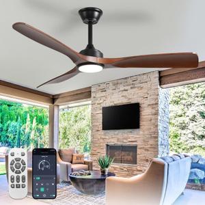 Outdoor Ceiling Fan with Light: 52 Inch 3 Blade Outdoor Fans for Patios - Modern Walnut Ceiling Fan with Dimmable Light Remote APP Control Ultra Quiet Reversible DC Motor Timer (52"- with light)
