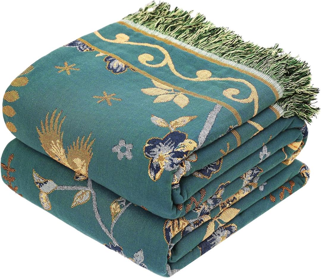 VANJOROY Boho 100% Organic Cotton Muslin Throw Blanket 50" x 60" - All Season Rustic Ultra Soft Breathable Floral Bird Blanket for Bed Sofa Couch Chair Bedspread Quilt Gift-Teal/Beige