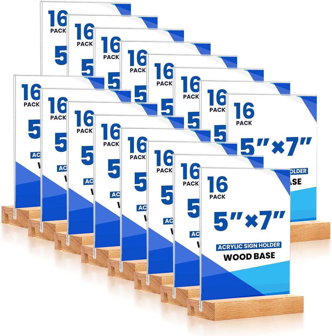 16 Pack 5x7 Acrylic Sign Holder with Wood Base Vertical and Slant Displays, Clear Plastic Flyer Display Stand, Paper photo Table Menu Sign Frame Suitable for Restaurants, Office, Store, Hotels