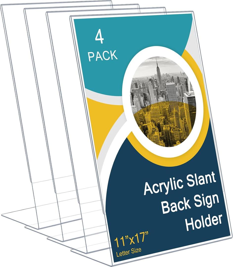 Qilery 4 Pcs 11 x 17 Inch Acrylic Sign Holder, Standing Sign Holder Table Top Transparent Plastic Document Slant Back Display Stand for Workers Teachers Office School Menu Desktop