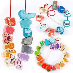 BMTOYS Montessori Educational Threading Toys Wooden Stringing Traffic Wild Animals Fruits Lacing Beads Preschool Toy for Toddler 18 Month 1 2 3 4 5 Year Old Boys Girls (Macroon)