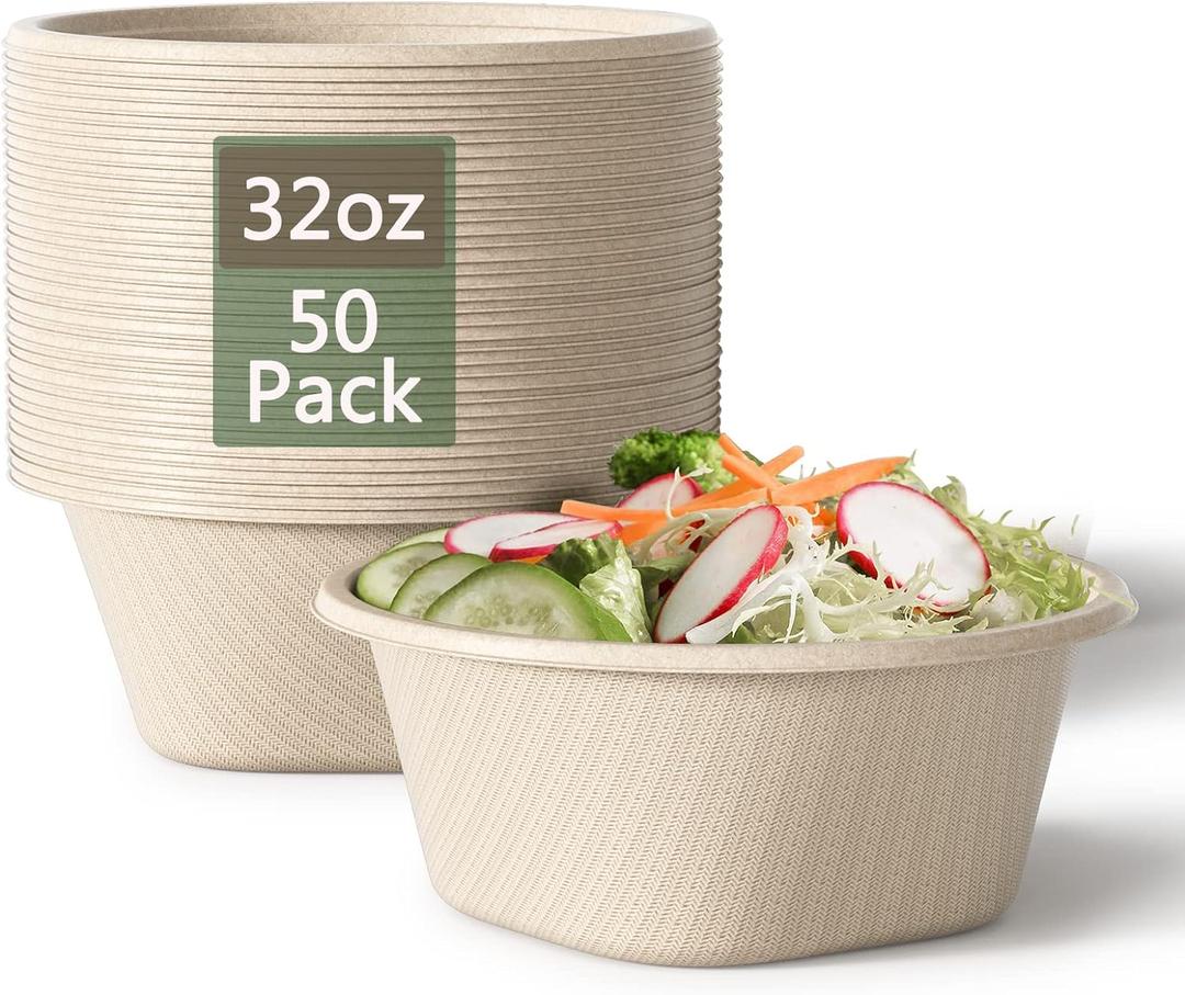 32 Oz Deep Paper Bowls Disposable Bowl - Disposable Heavy Duty Compostable Bowls, Eco-friendly Sugarcane Bagasse Biodegradable Bowl for Soup, Salad, Dessert, Ice Cream [50 Pack without Lds]