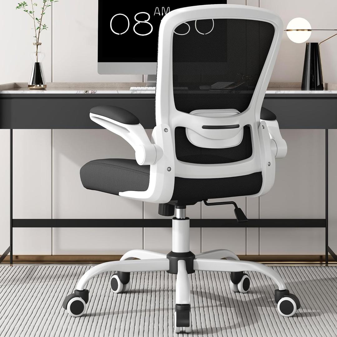 Mimoglad Ergonomic Office Chair - BIFMA Certified, Flip-up Armrests & 135 Recline, Adjustable Lumbar Support - Space-Saving Task Chair for Business/Team Office & Home (White Frame-Black, 300lbs)
