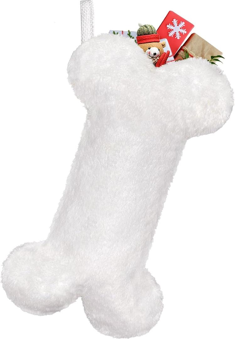 Malier Dog Christmas Stocking, Xmas Luxury Faux Fur Large Bone Shape Hanging with Silver & Gold Snowflakes Sequin Decorations Pets Christmas Dog Stockings for Dogs Cats Pets (Whith) (White)