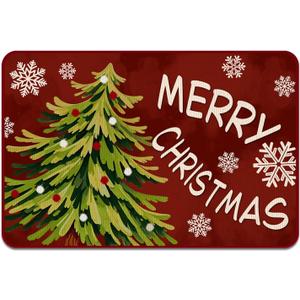 Merry Christmas Doormat, Christmas Front Door Mat Outdoor Entrance, Red Winter Washable Decorative Floor Mats, Non-Slip Floor Entryway Rug for Indoor Outdoor 15.7x23.6 Inch (Xmas Tree)
