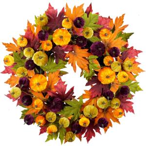 24" Fall Wreath, Artificial Autumn Wreath with Red, Orange, Green Maple Leaves and Orange, Purple, Green-Yellow Pumpkins (Pumpkin & Maple Leaf)