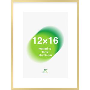 FrameWorks 12x16 Matted to 8x12 Picture Frame Aluminum Frame w/Tempered Glass, Removable Mat for Photos, Posters, Art, Stylish Wall Frame for Home Decor, Gallery Walls, Office, Living Room - Gold