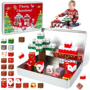 Christmas Mini Magnetic Building Blocks - 42PCS Travel Mini Magnet Cubes with Case for Toddlers Kids Road Trip Airplane Activities, Educational STEM Sensory Toys Xmas Gifts for Age 3+ Boys Girls