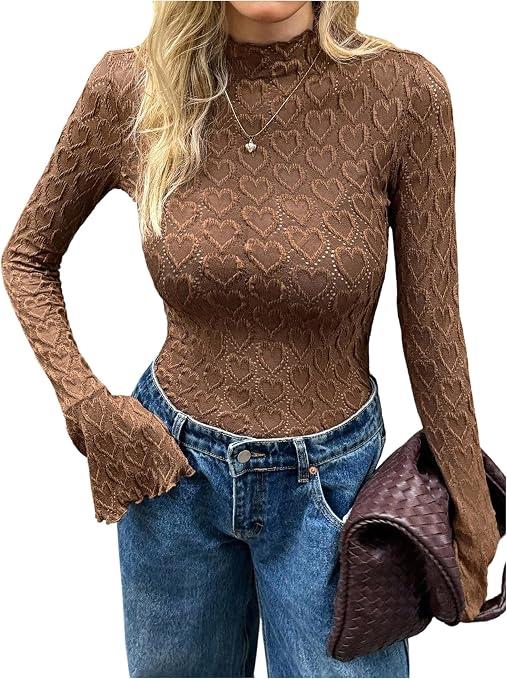 MakeMeChic Women's Mock Neck Bell Sleeve T Shirt Textured Fitted Dressy Tops Coffee Brown Small