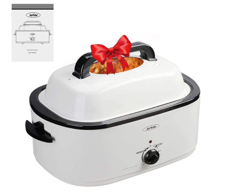 Sunvivi Roaster Oven, Electric Roaster Oven with Viewing Lid, 30lb 26-Quart Turkey Roaster with Unique Defrost/Warm Function, Large Roaster with Removable Pan & Rack, Stainless Steel, White