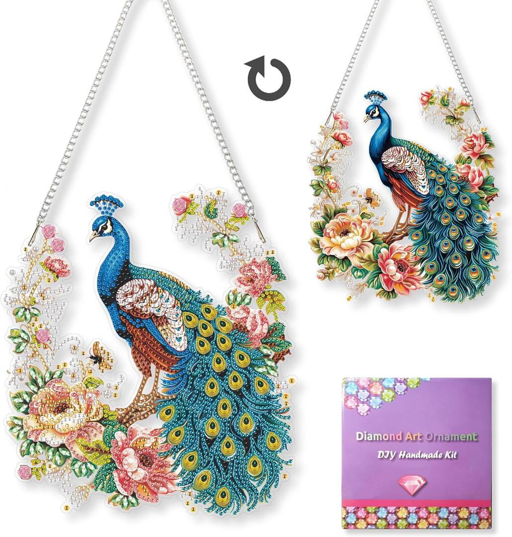 SOURMO Hanging Diamond Art Painting Ornament Peacock, DIY Double Sided Acrylic Diamonds Painting Pendant Kit for Adults