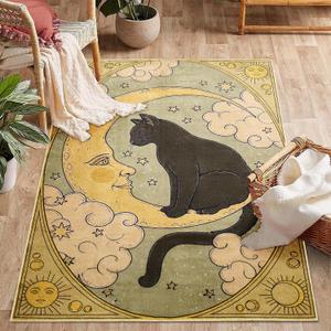 Area Rugs for Bedroom Boho Washable Rug for Living Room Cute Celestial Retro Abstract Bohemian Moon Cat Stars Clouds Face Soft Rubber Backed Non-Slip Carpets for Nursery Room Home Decor 23x34