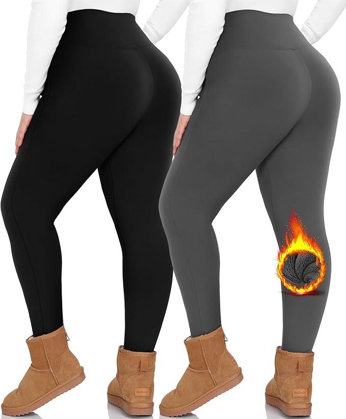 NEW YOUNG 2 Pack Plus Size Fleece Lined Leggings Women-1X-5X High Waist Winter Tummy Control Thermal Warm Yoga Pants Workout Black, Grey