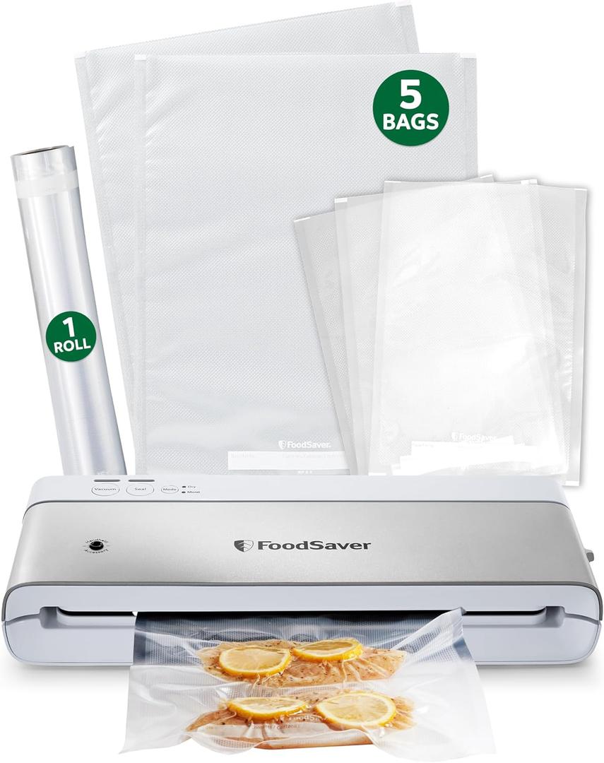 FoodSaver Compact Vacuum Sealer Machine with Airtight Bags and Roll - Ideal for Sous Vide and Airtight Food Storage, White