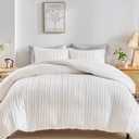 WARMDERN White Boho Duvet Cover Set Queen Size, Striped Textured Tufted Bedding Set, 3 Pcs Ultra Soft Washed Microfiber with Zipper Closure (Queen, White)