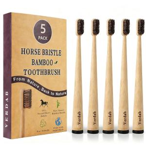 Horse Bristle Bamboo Toothbrush (5-Pack) - Natural Premium Wild Horse Bristles - 100% Biodegradable & Eco-Friendly - No Plastic, No Nylon - Self-Standing Design - Natural Toothbrushes