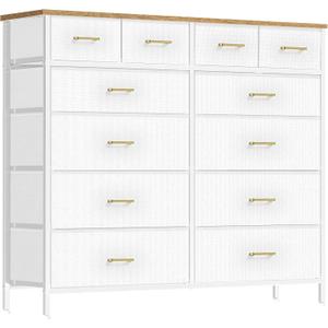 VASICAR White Dresser for Bedroom with 12 Deep Drawers, Wide Chest of Drawers, 55" TV Stand with Retro Wood Top, Tall Fabric Dresser for Closet, Nursery