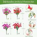 2 x Artificial Flowers for Outdoors, 14 Bundles Fake Outdoor Flowers, UV Resistant Artificial Outdoor Plants & Flowers for Decoration, Colorful Morning Glory for Garden Porch Yard Patio, Fuchsia & Red