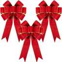 3 Pack Large Christmas Red Bows for Christmas Tree with Gold Border & Back, 12" x 14" Velvet Bows for Tree Topper,Wreaths,Indoor,Outdoor,Fireplace,Stairs,Railing,Porch,Xmas Decoration