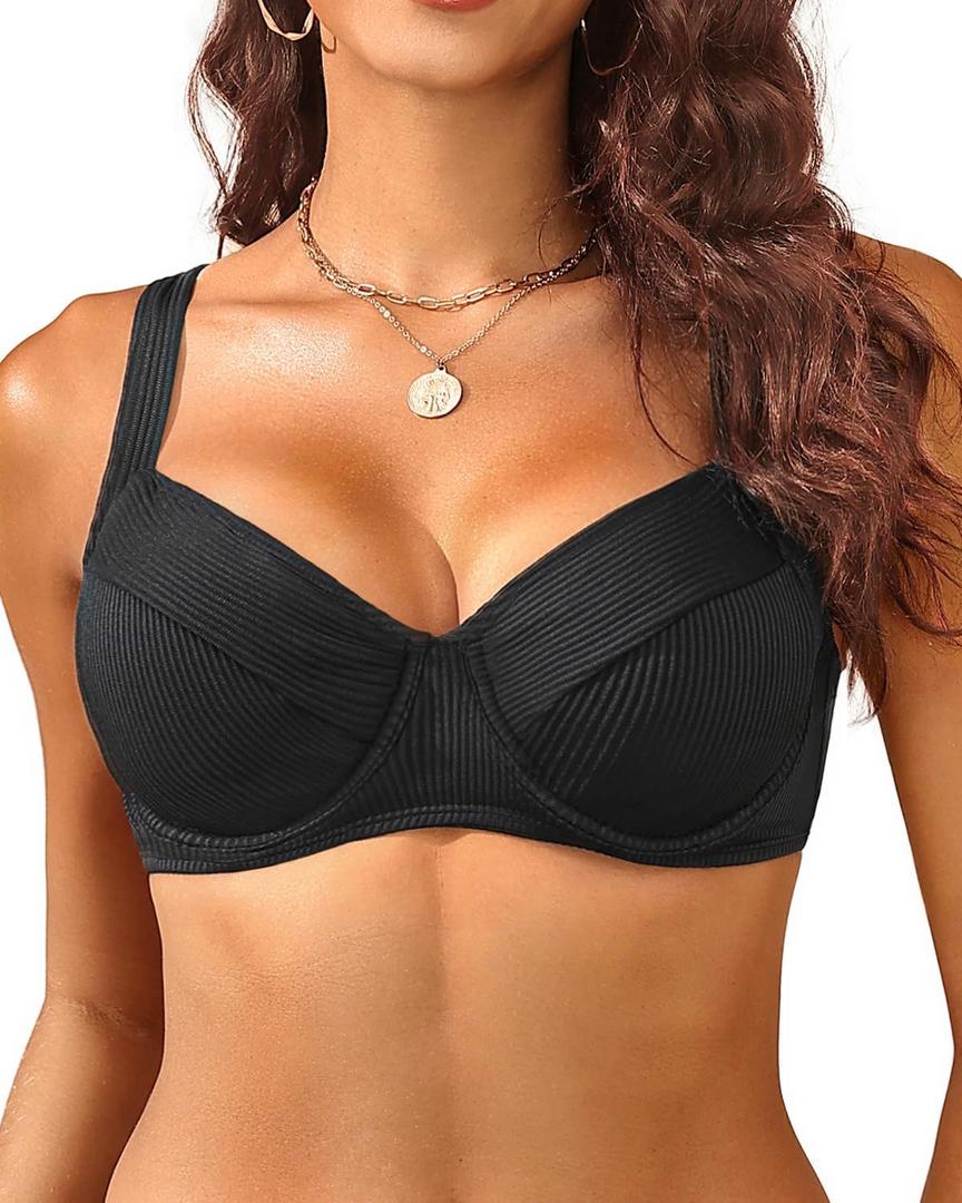 Women's Underwire Push Up Bikini Top - Ribbed Swim Bra 2025 Large Bust Bathing Suit Tops (Medium, Black)
