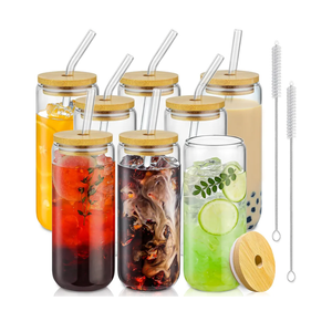20 Oz Drinking Glasses with Bamboo Lids and Glass Straw - 8 Pcs Glass Cups Beer Ice Coffee Glasses Cute Aesthetic Cup Great for Coffee Bar Accessories Include 2 Cleaning Brushes