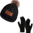 Womens Winter Hats and Gloves Set Gifts, Warm Knit Touchscreen Gloves Beanie Caps With Pom Pom