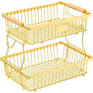 2 Tier Fruit Basket for Kitchen Counter with 2 Banana Hangers, Countertop Metal Fruit Bowl with Wooden Handle, Large Storage Stand for Vegetables, Snacks, Breads, Produce Storage  Gold