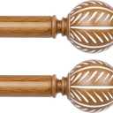 KAMANINA 2 Pack Wood Curtain Rods for Windows 48 to 84 Inch(4-7ft), 1 Inch Adjustable Drapery Rod, Decorative Heavy Duty Curtain Rods with Leaf Pattern Finials, Wood Grain