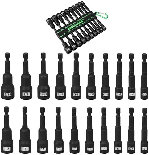 20-Piece Magnetic Nut Driver Set, Metric & SAE 1/4" Hex Shank, Drill Socket Set, Impact Driver Bit Set, Magnetic Bit Holder with Aluminum Alloy Snap Clip, 65mm Long Hex Bit, Quick Change Tool