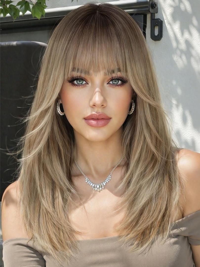 AISI HAIR Beginner Friendly Wigs Platinum Blonde Wig with Bangs for Women, Middle Length Natural Layered Straight Wig for Daily Party