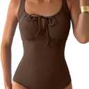 Aleumdr Womens Textured One Piece Swimsuit Tummy Control Bathing Suit with Bow Tie Knot Cutout Ruching Swimwear (Medium, Coffee)