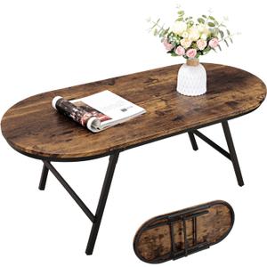Folding Coffee Table for Living Room Industrial Brown Small Low Table Wooden Foldable Coffee Tables Oval Floor Desk Table for Small Spaces Home Office, 42 Inches X 20 Inches X 16.5 Inches