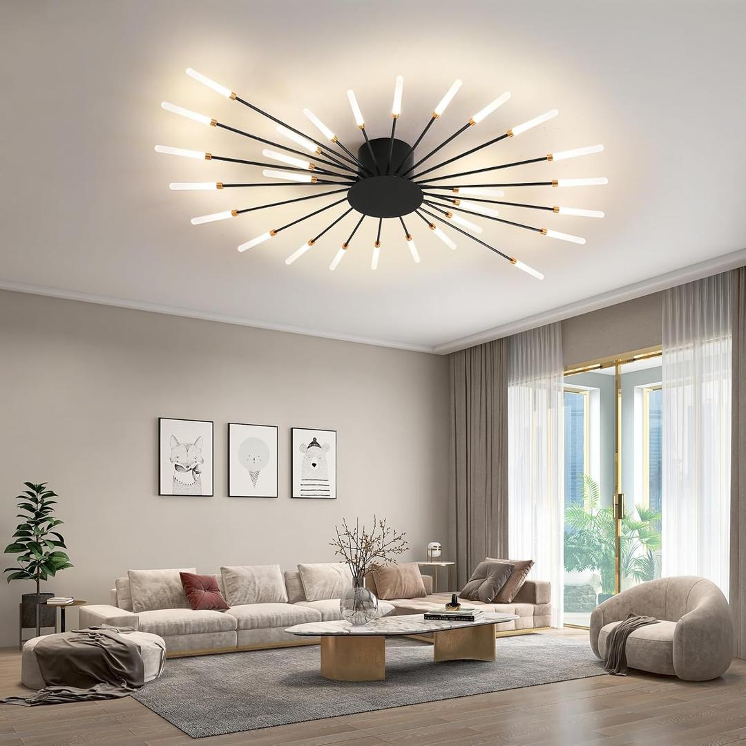 Ceiling Light Modern Flower Shape Ceiling Lamp for Dining Room Kitchen Hallway Flush Mount Metal Acrylic Sputnik Firework Petal LED Lighting Fixture (Matte Black, 28 Lights)