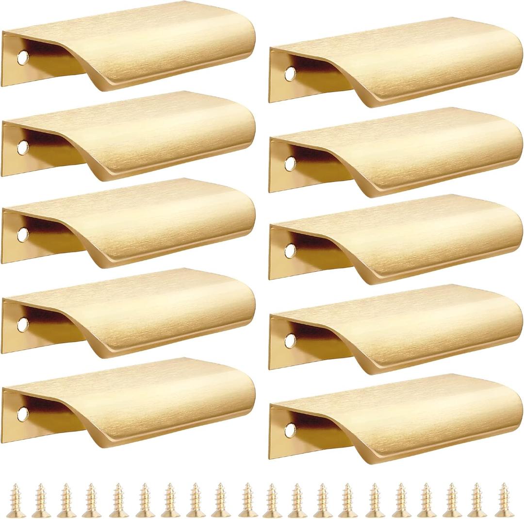 10 Pack Gold Edge Finger Pulls for Cabinets 3.15" Kitchen Cabinet Pulls Handles Drawer Pulls Modern Aluminum Concealed Tab Pulls for Closet Door, Brushed Brass