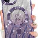 Bonoma Compatible with iPhone 16 Case Support for MagSafe, Plating Heart Glitter Magnetic Checkered Case TPU Camera Protection Back Cover for Girls Women -Purple