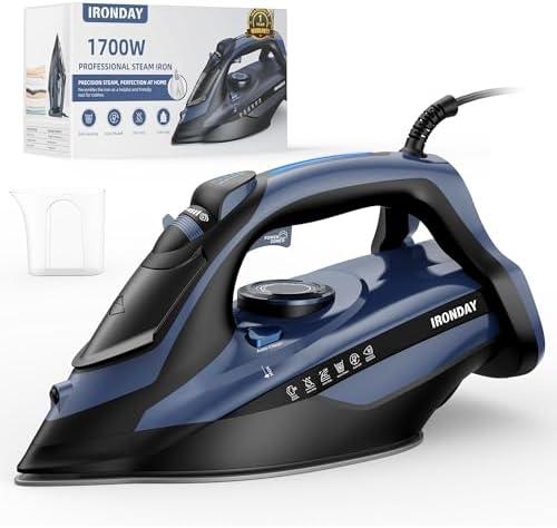 IRONDAY Steam Iron for Clothes Fast Heating, 1700W Iron Precision with Thermostat Dial, Ceramic Soleplate, Auto shutoff, Burst Steam, Self-Cleaning, 15.21oz Water Tank Ironing Clothes for Home, Blue