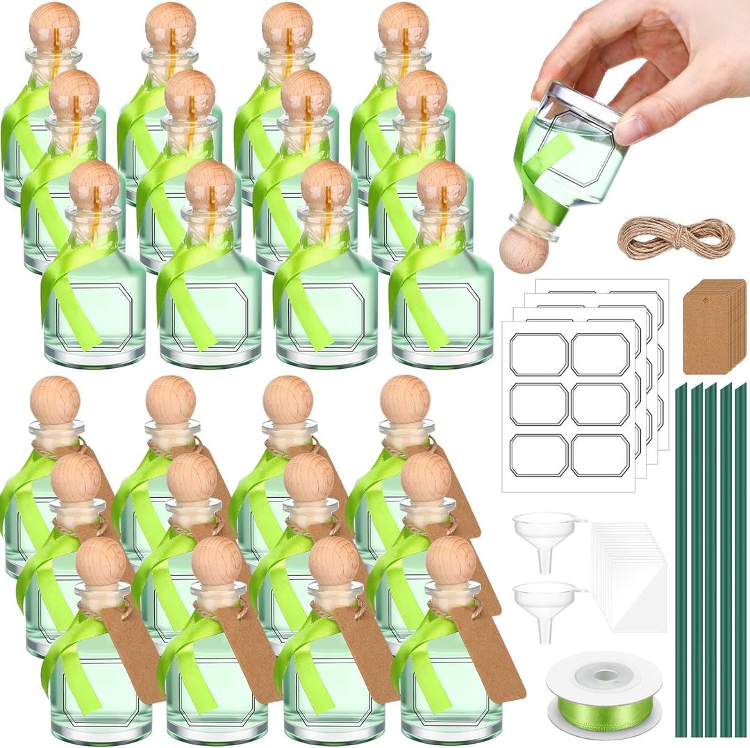 Baderke 24pcs 50 ml /1.7 oz Patron Bottles Empty for Drinks Mini Tequila Shot Bottles Patron with Cork Lids Green Ribbon Reusable Glass Bottle for Weddings Party Favors DIY Crafts (Cylindrical Bottle)