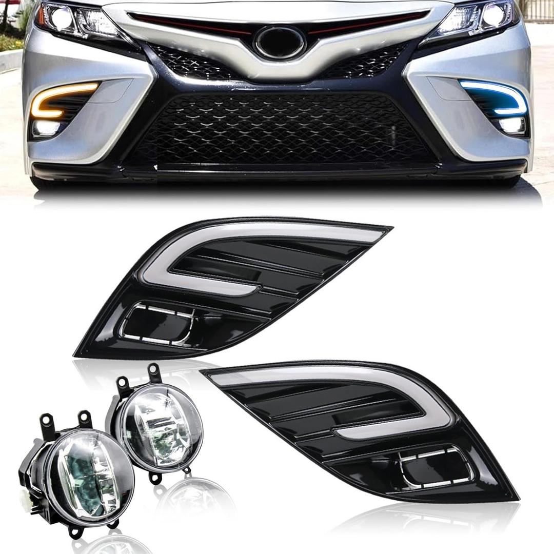 LED Fog Lights White Daytime Running Lights (DRL) Amber Turn Signal Lights Blue Low Beam Lights Compatible with 2018-2020 8th Gen Toyota Camry SE XSE TRD