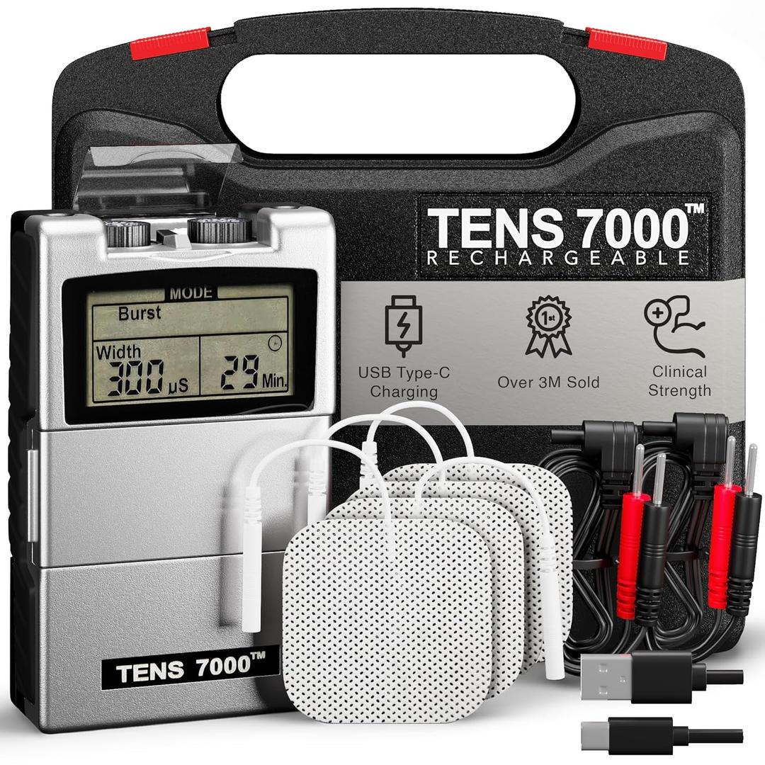 TENS 7000 Rechargeable Tens Unit Muscle Stimulator, Back Pain Relief, 4 Electrodes/ Unit Pads, Period Pain Simulator, Muscle Recovery & Growth, Stim Machine, Electrotherapy, TENS Machine