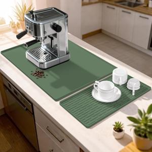 Rnivvi Silicone Coffee Mat Set, 16" x 24" Waterproof Raised Edge Coffee Bar Mats for Espresso Machine Station Accessories, Heat Resistant Detachable Dish Drying Pad for Kitchen Counter, Green