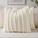 FUTEI Pack of 2 Faux Rabbit Fur Throw Pillow Covers 18x18 Inch Soft Fluffy Thick & Thin Striped Textured Decorative Cushion Case Modern Farmhouse Accent for Couch Bed Living Room, Cream White
