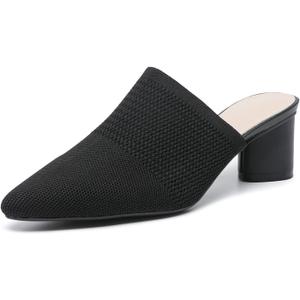 Women’s Knit Closed Pointed Toe Chunky Heel Mules Fashion Mesh Breathable Low Block Heel Pump Sandals Comfortable Slip On Dress Party Shoes (Black, 8)