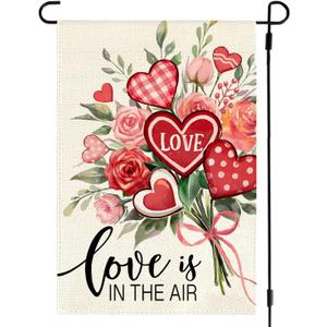 Valentines Day Floral Garden Flag 12x18 Inch Double Sided Outside Small, Love is in the Air Heart Roses Holiday Yard Porch Outdoor Flag Anniversary Wedding Decoration (Red)